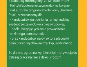 Z radością informujemy, że Minister Pracy i Polityki Społecznej zatwierdził na kolejne 5 lat autorski program szkoleniowy „Rodzina Plus”
